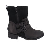 UGG black ankle boots with side zipper, buckled strap, and chunky rubber sole
