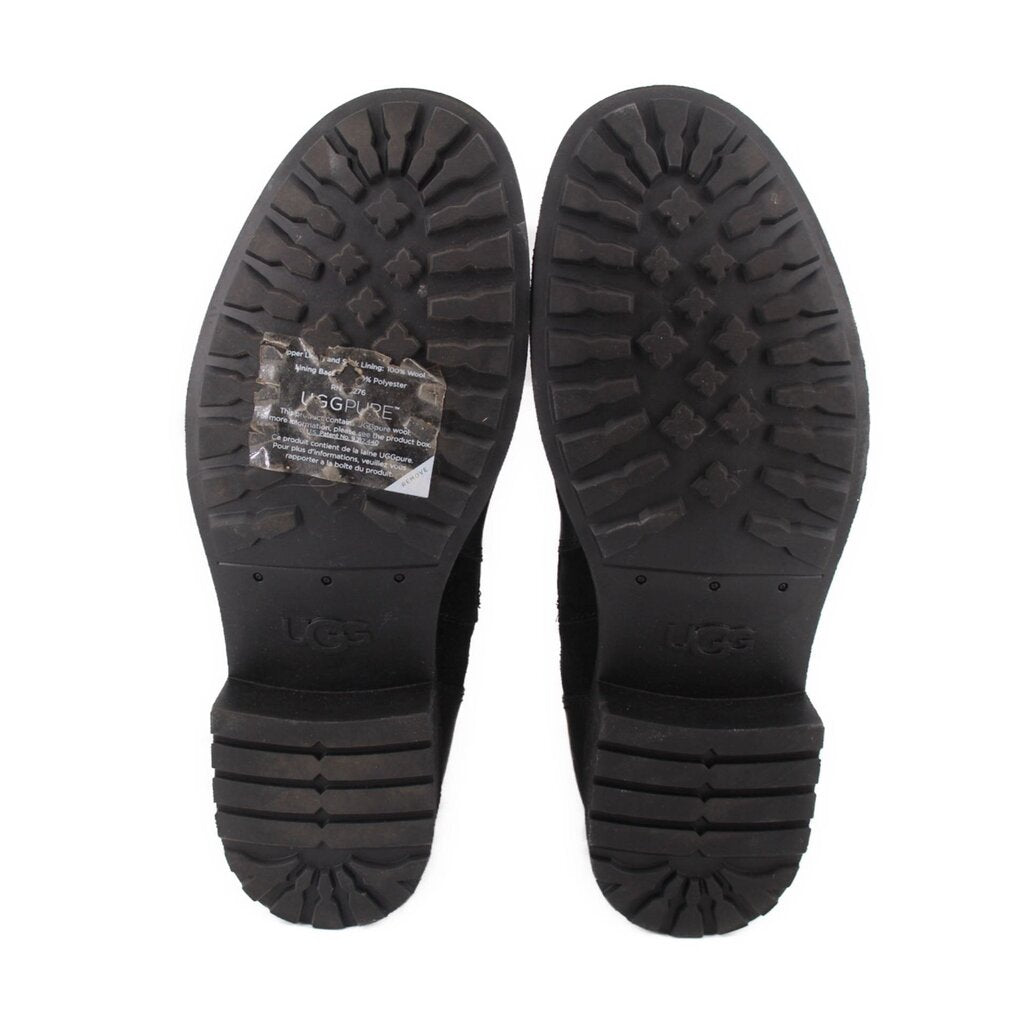UGG black boot outsoles with tread pattern and logo embossed