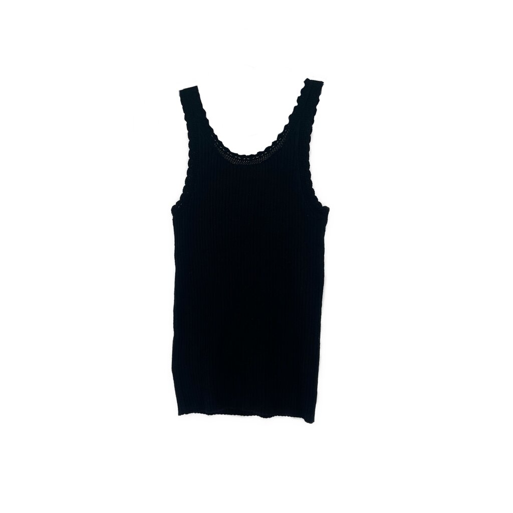 Black ribbed knit tank top with PRADA triangle logo at chest, scoop neck