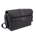Black leather messenger bag with front zip pocket under flap and short strap