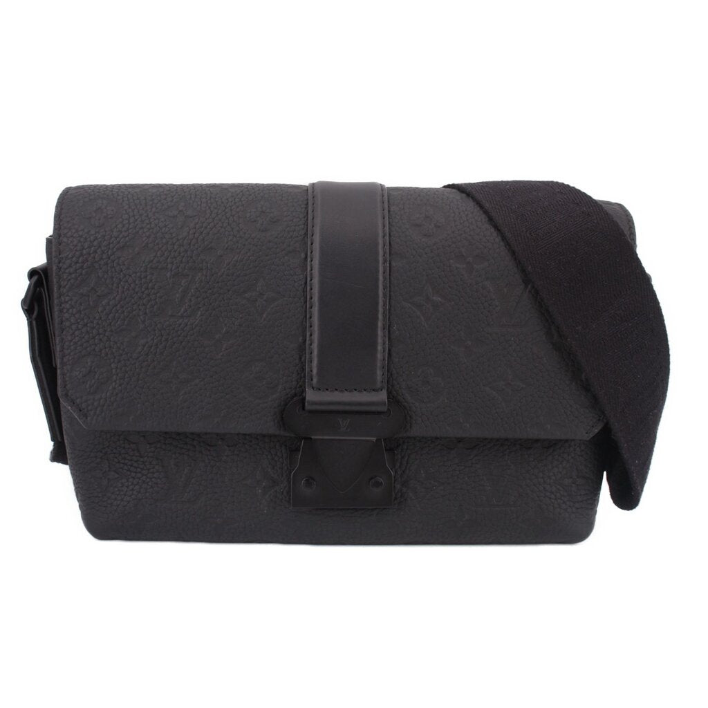 Black leather S-cape messenger crossbody bag with flap and adjustable strap
