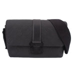 Black leather S-cape messenger crossbody bag with flap and adjustable strap