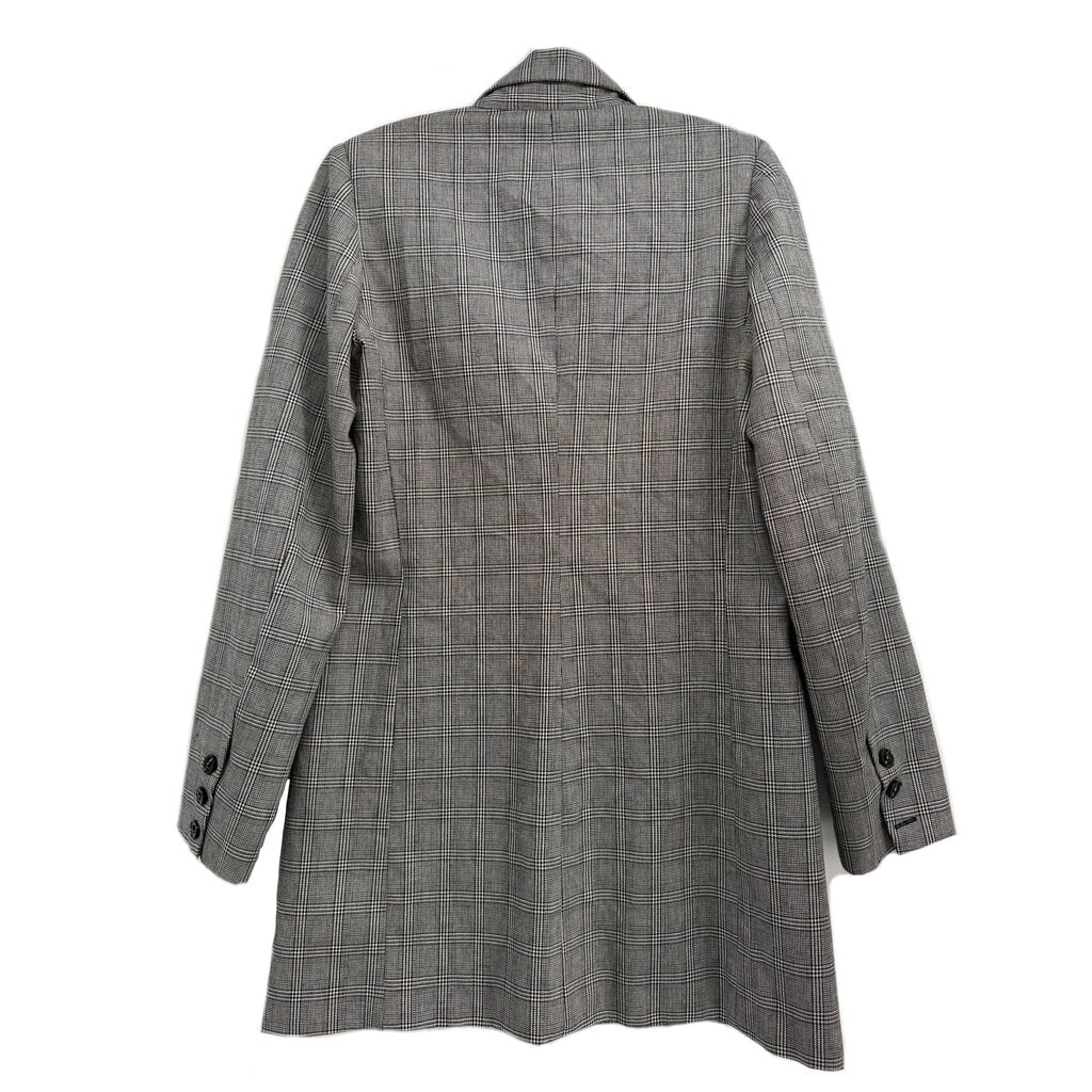 Gray plaid double-breasted blazer back view with long sleeves and vent