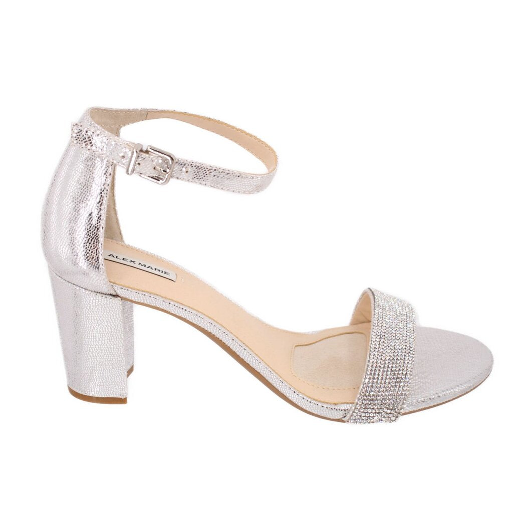 Silver metallic heeled sandal with wide ankle strap and peep toe