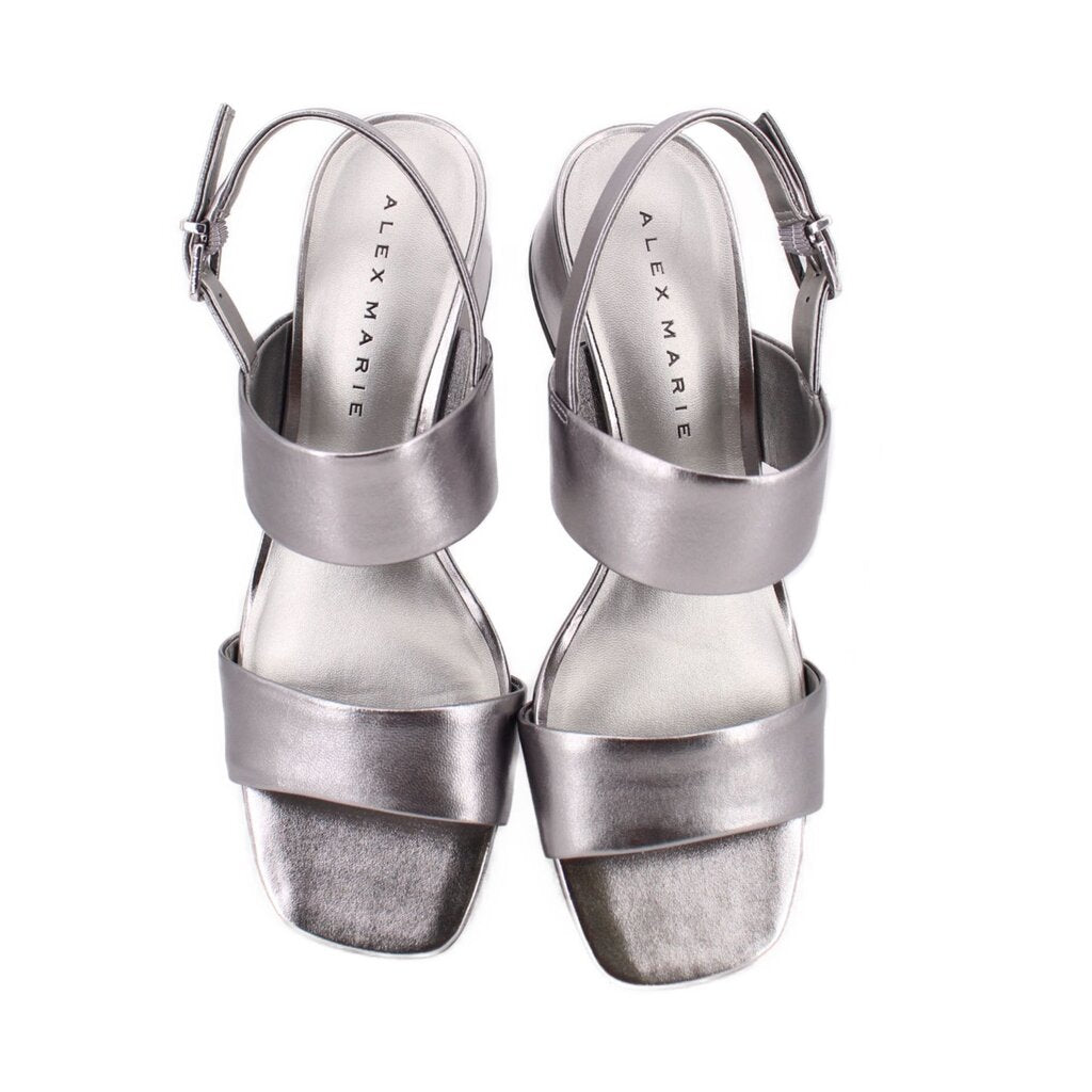 Pewter metallic leather heeled sandals with open toe and ankle straps with buckles