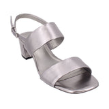 Pewter metallic leather heeled sandals with wide ankle strap and buckle closure