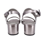 Pewter metallic leather heeled sandals from back view with adjustable ankle straps