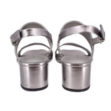 Pewter metallic leather heeled sandals from back view with adjustable ankle straps