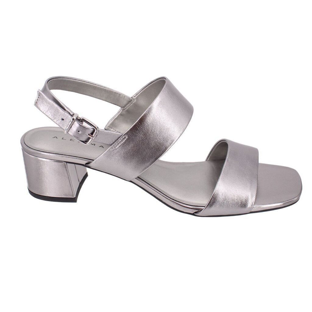 Pewter metallic leather heeled sandals with ankle strap and squared block heel