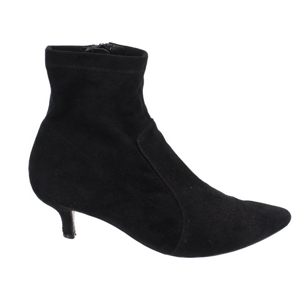 Black suede ankle booties with pointed toe and low heel