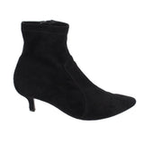 Black suede ankle booties with pointed toe and low heel