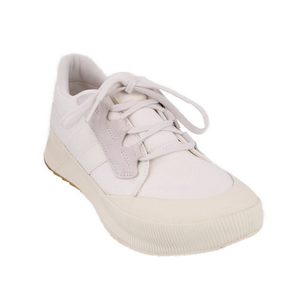 White women's lace-up sneakers with rubber sole and suede-look panels.
