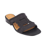 Black slip-on sandals with square toe and adjustable strap with buckle detail