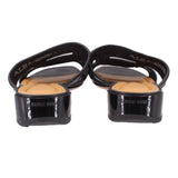 Black slide sandals shown from the heel with cushioned footbeds