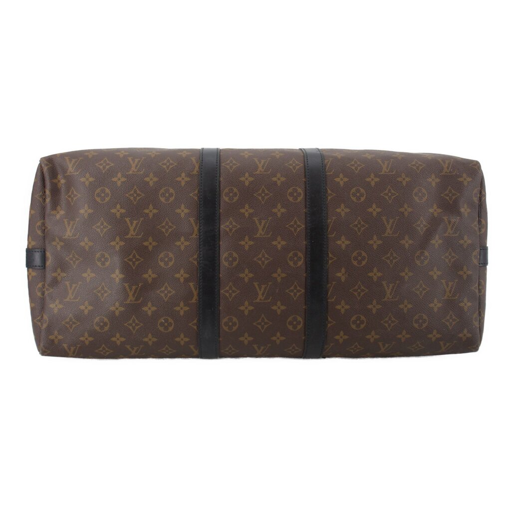 Monogram duffel bag end-to-end view with central leather band