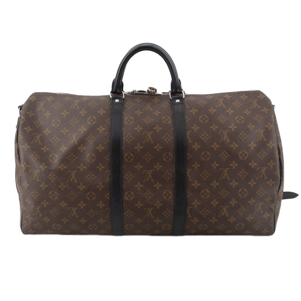Monogram travel duffel bag with rounded handles and central leather band
