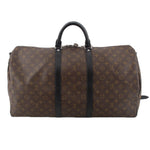 Monogram travel duffel bag with rounded handles and central leather band