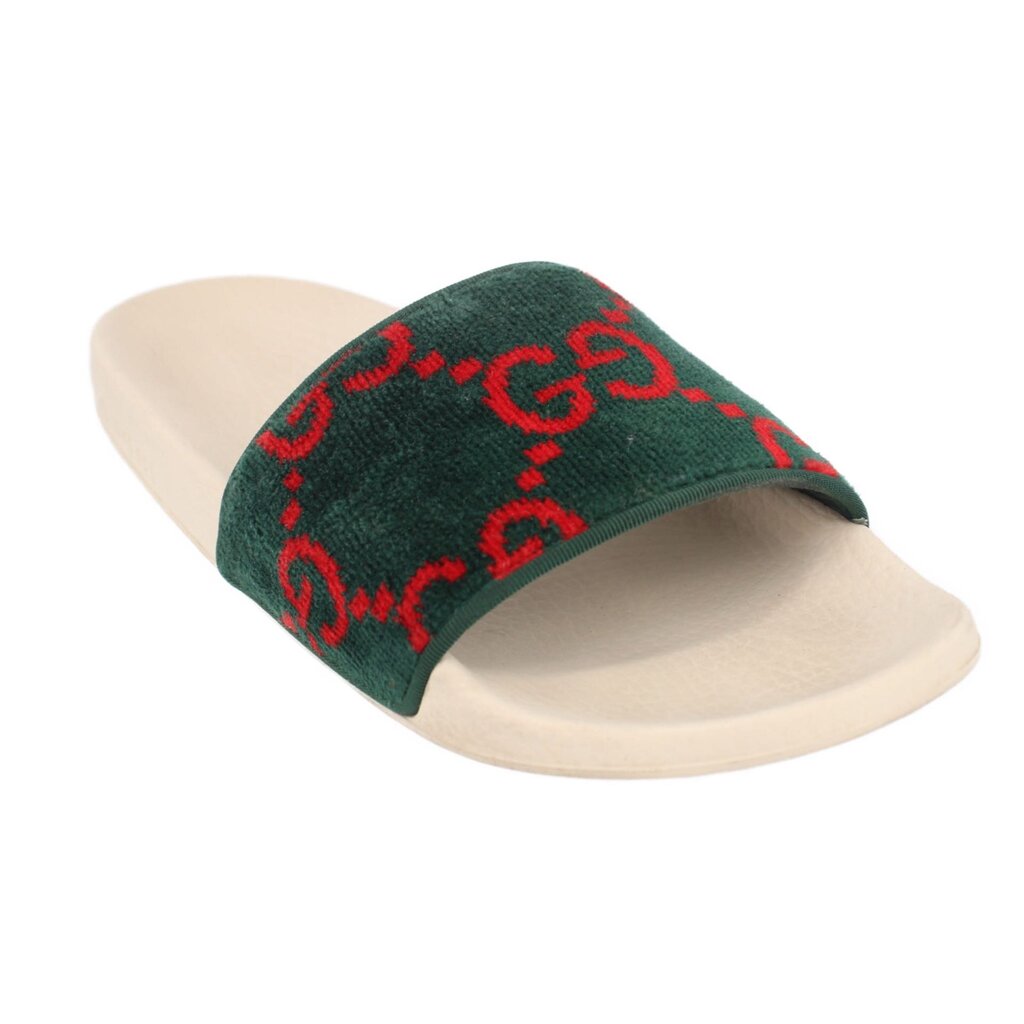 Green velvet slide sandals with red GG logo band and open toe, beige sole