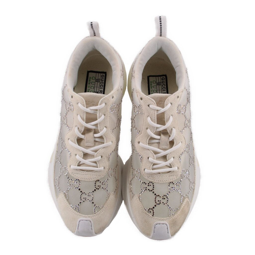 Pair of crystal-embellished sneakers, beige with white laces and cushioned collar