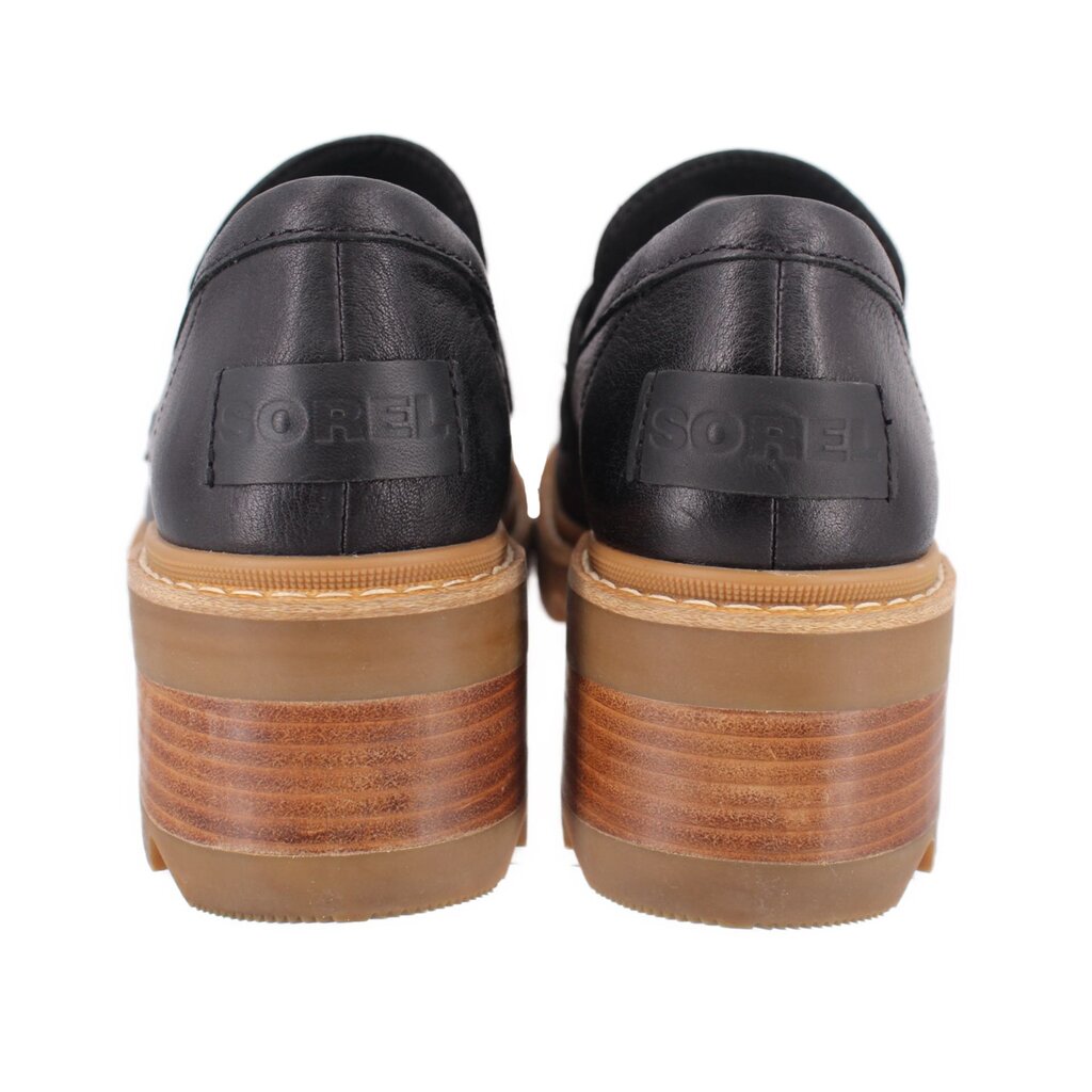 Black leather loafer heels with embossed logo on heel and tan stacked sole