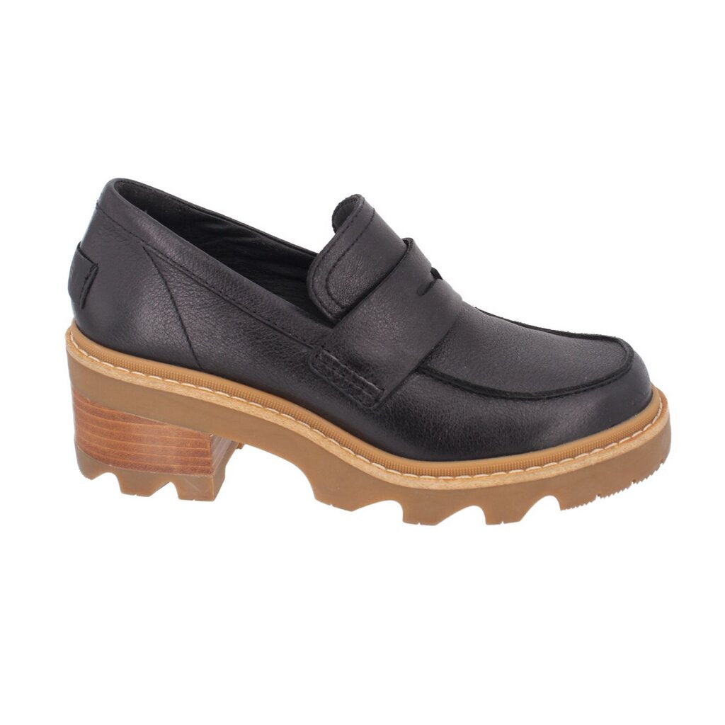 Black leather loafer heels with tan lug sole and block heel