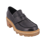 Black leather loafer heels with tan lug sole