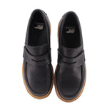 Black leather loafer heels, pair view, tan welt and logo on heel