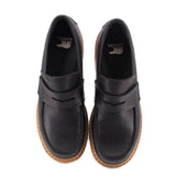 Black leather loafer heels, pair view, tan welt and logo on heel