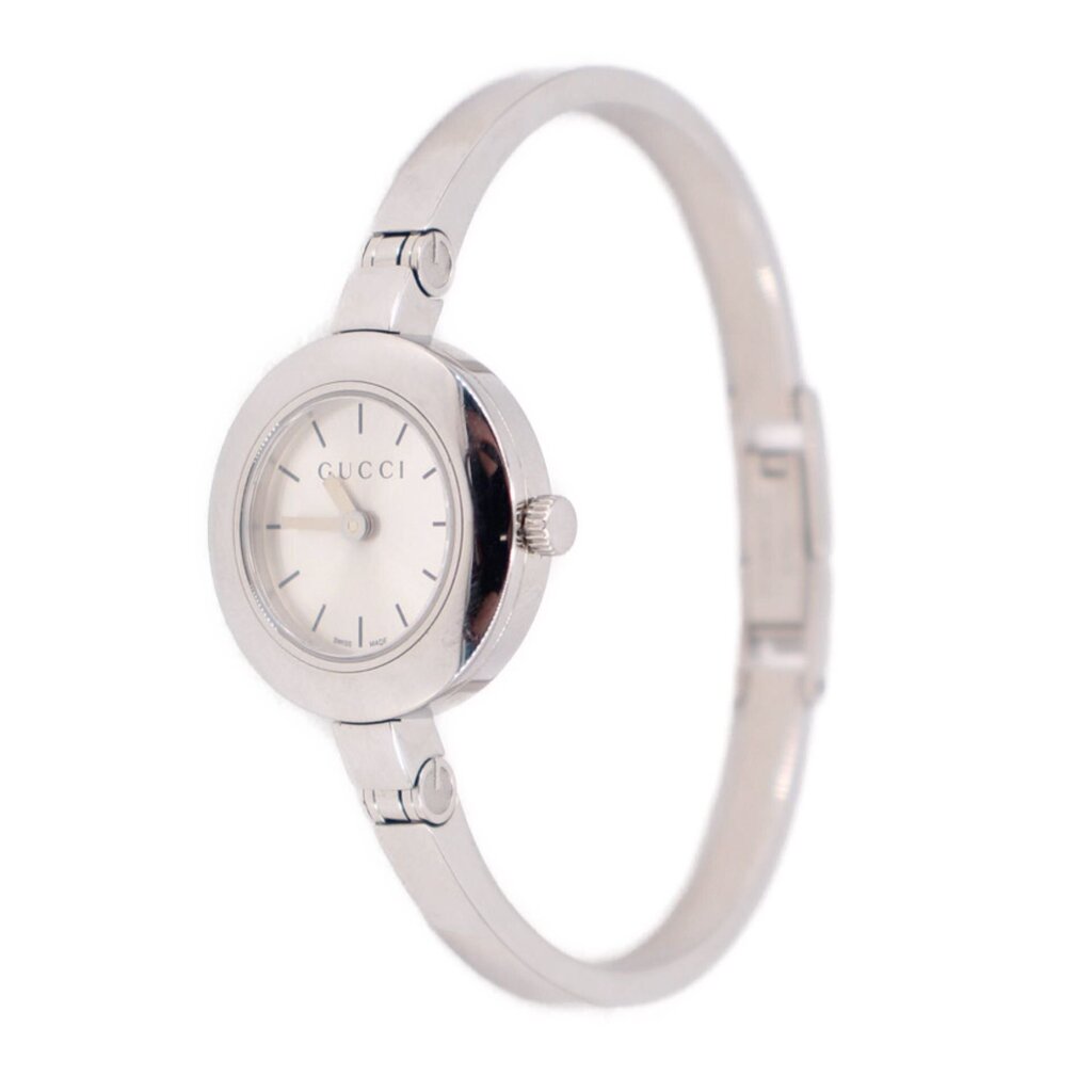 Gucci stainless-steel bangle watch with round white dial and metal bracelet