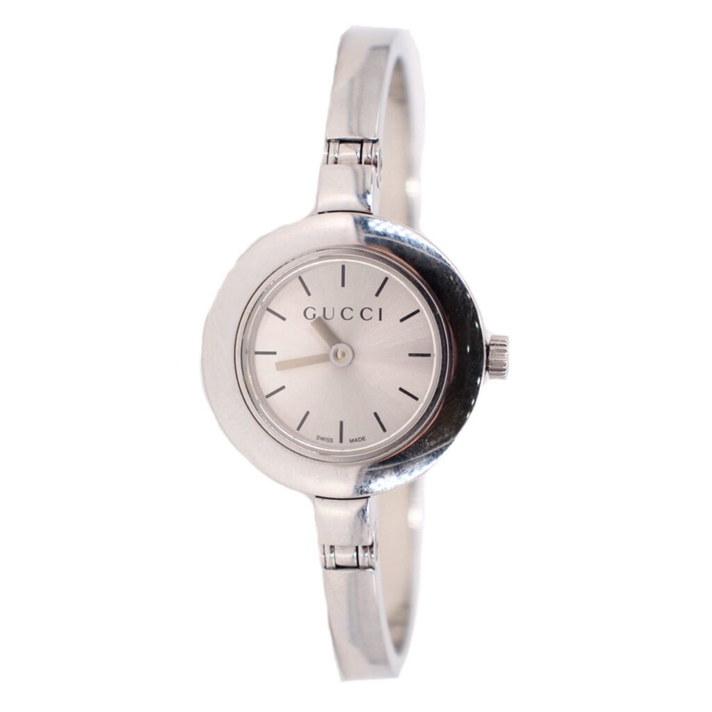 Gucci stainless-steel bangle watch with round white dial and dark bezel ring