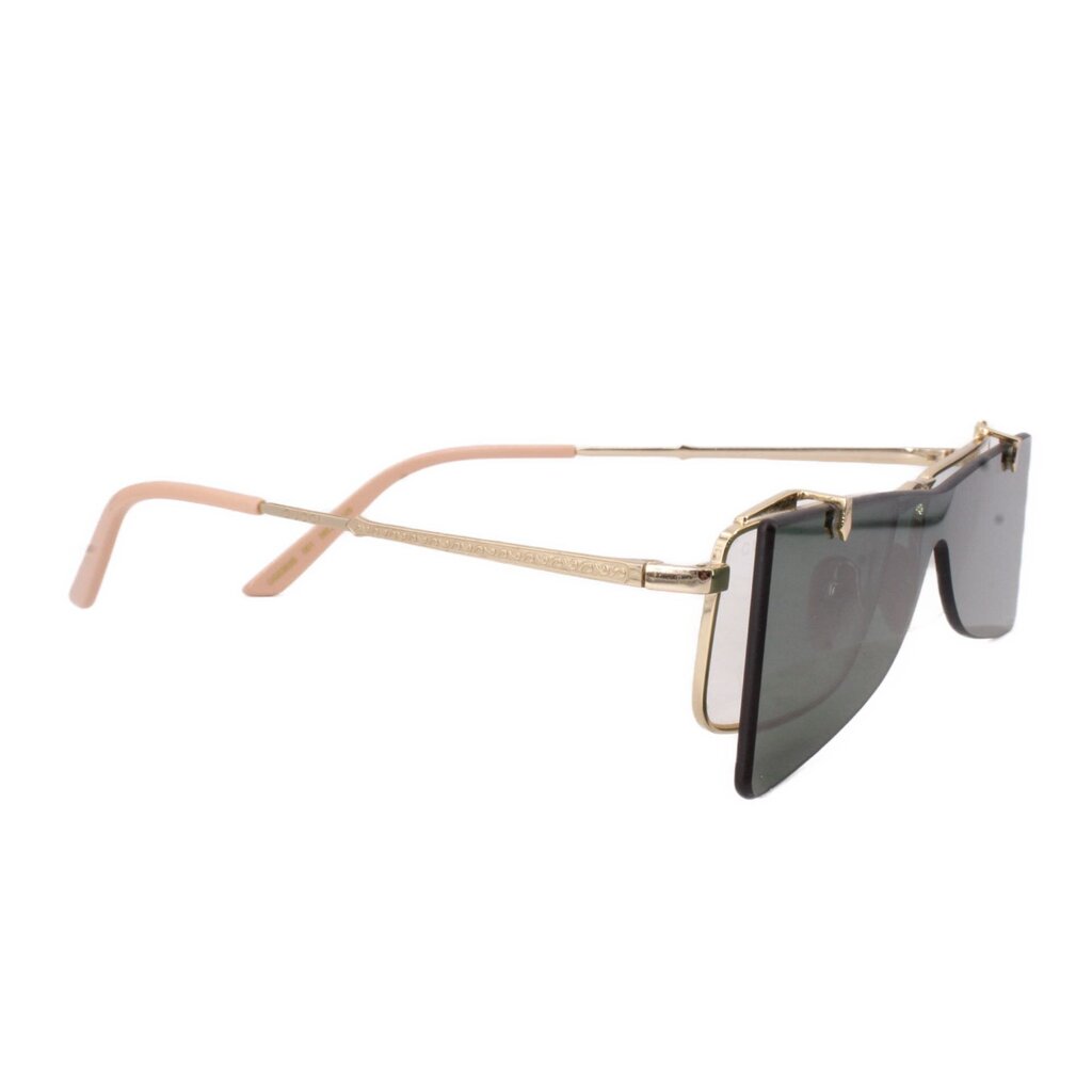 Gold flip-up sunglasses, side view with dark tinted lens and adjustable hinge