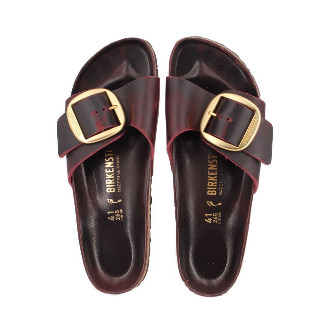 Pair of brown leather sandals with burgundy straps and gold buckles, EU 41