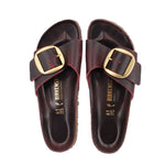 Pair of brown leather sandals with burgundy straps and gold buckles, EU 41