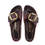 Pair of brown leather sandals with burgundy straps and gold buckles, EU 41