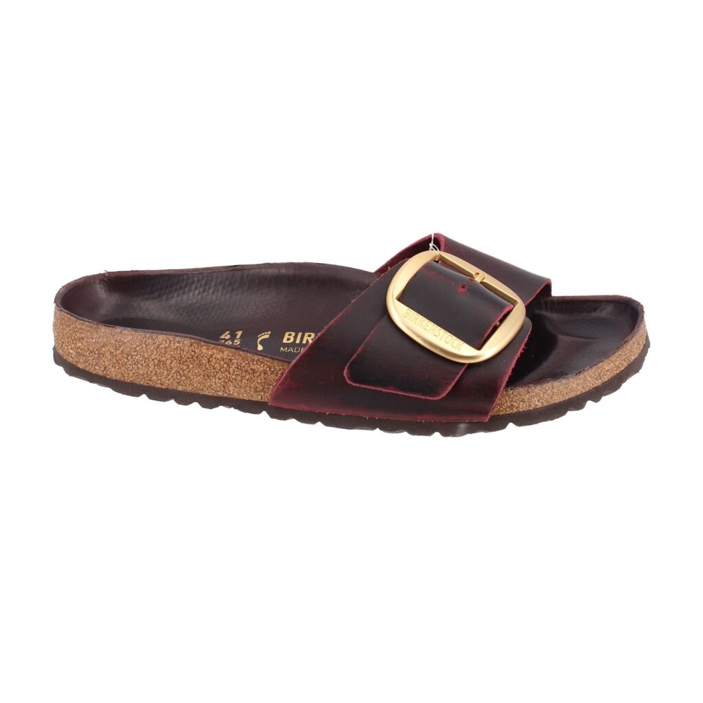 BIRKENSTOCK brown leather slide sandals with burgundy strap and gold buckle