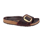 BIRKENSTOCK brown leather slide sandals with burgundy strap and gold buckle
