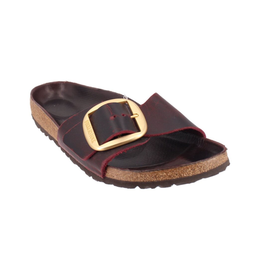 Brown leather slide sandals with red straps and gold buckle, size 41 EU