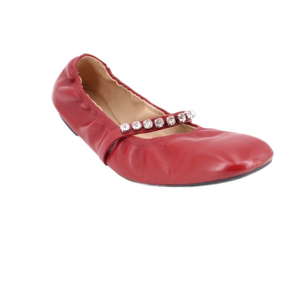 Red leather ballet flats with rhinestone bar across the toe strap.