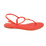 Red thong sandals with toe post, ankle strap, and gold TORY BURCH emblem