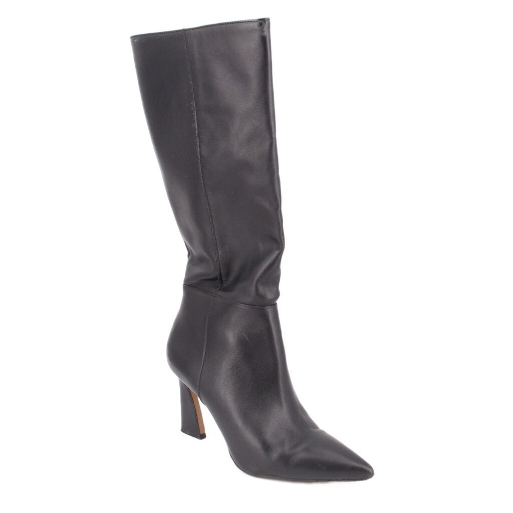 Black heeled knee-high boots with pointed toe and slender heel