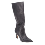 Black heeled knee-high boots with pointed toe and slender heel