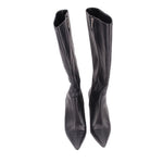 Pair of black knee-high heeled boots with narrow pointed toe
