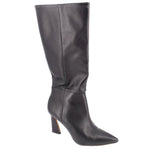Black heeled knee-high boots with smooth upper and slim heel
