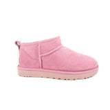 Pink suede ankle booties with collar and side seam, low platform sole