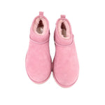 Pink suede ankle booties showing fuzzy lining and open collar