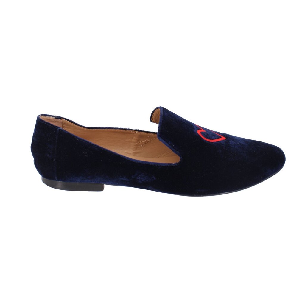 Navy velvet-style slipper flats with red heart logo on vamp