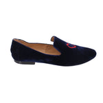 Navy velvet-style slipper flats with red heart logo on vamp