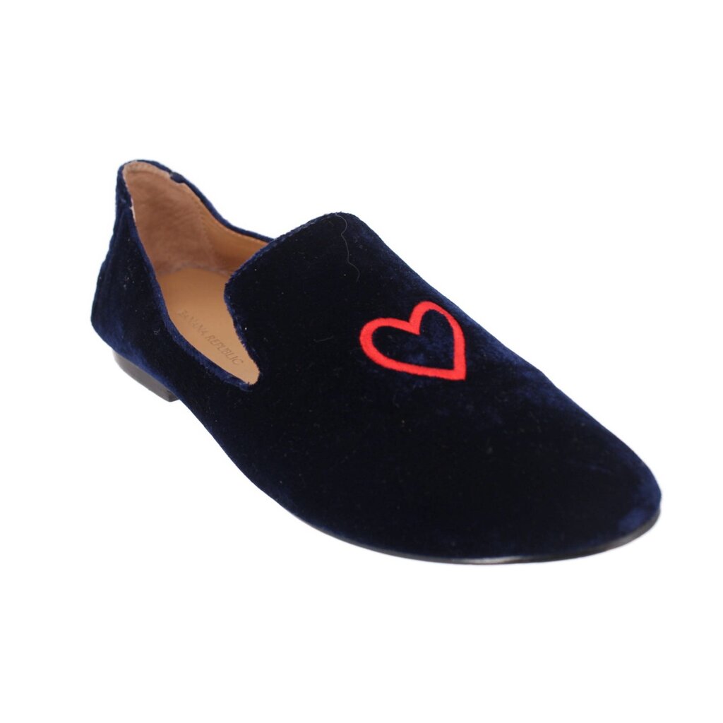 Navy velvet smoking slipper flat with red heart embroidery
