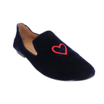 Navy velvet smoking slipper flat with red heart embroidery