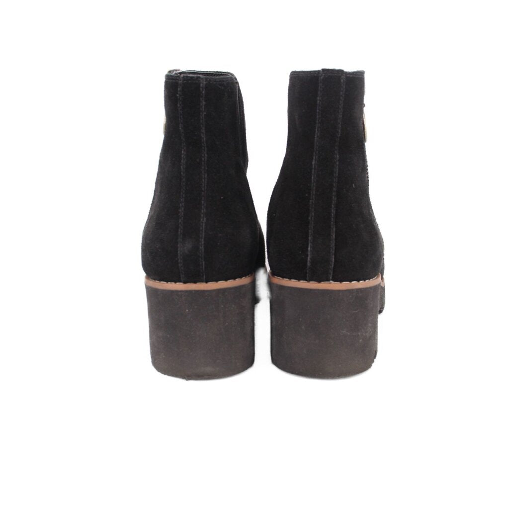 VIONIC Hazal black suede ankle bootie heels with stacked heel and brown welt trim